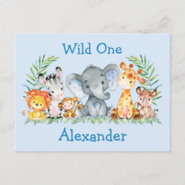 Wild One Safari Animals Birthday Invitation Blue Briefkaart