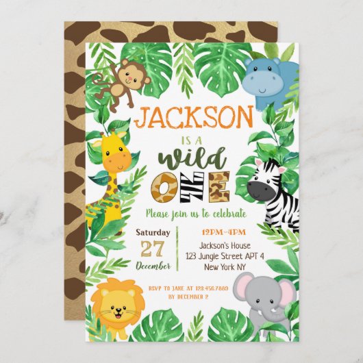 Wild One Safari Animals Birthday Invitation Kaart (Voorkant / Achterkant)