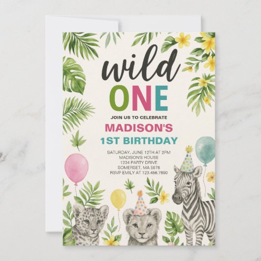 Wild One Safari Animals Birthday Invitation Kaart (Voorkant)