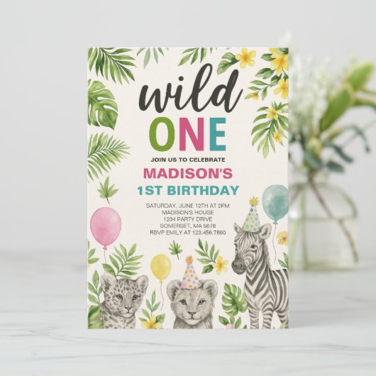 Wild One Safari Animals Birthday Invitation Kaart (Staand voorkant)