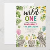 Wild One Safari Animals Birthday Invitation Kaart (Voorkant / Achterkant)