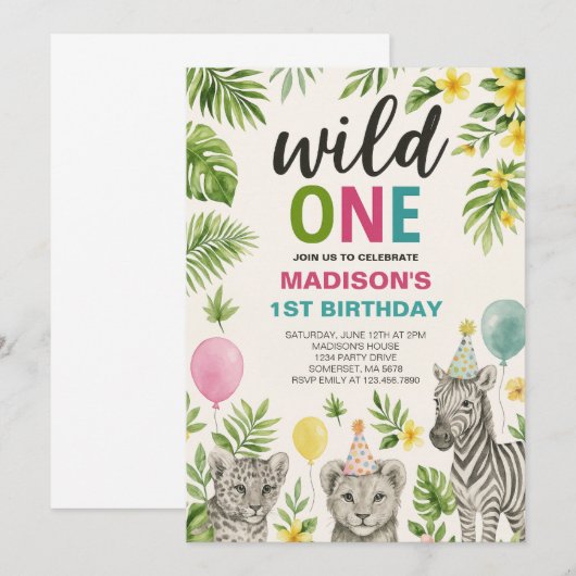 Wild One Safari Animals Birthday Invitation Kaart (Voorkant / Achterkant)
