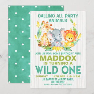Wild One Safari Animals Birthday Invitation Kaart