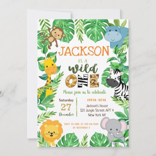 Wild One Safari Animals Birthday Invitation Kaart (Voorkant)