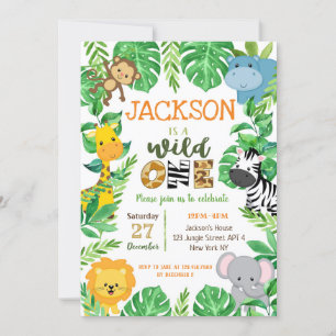 Wild One Safari Animals Birthday Invitation Kaart