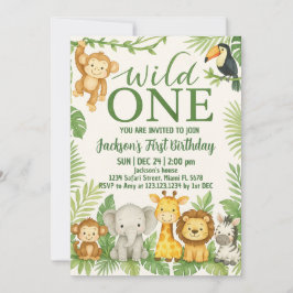 Wild One Safari Animals Birthday Invitation Kaart