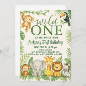 Wild One Safari Animals Birthday Invitation Kaart (Voorkant / Achterkant)