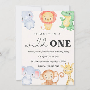 Wild One Safari Animals Birthday Party Invitation Kaart