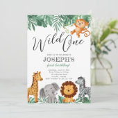 Wild One Safari Animals Birthday Party Invitation Kaart (Staand voorkant)
