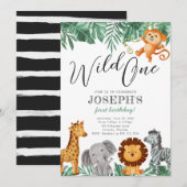 Wild One Safari Animals Birthday Party Invitation Kaart (Voorkant / Achterkant)