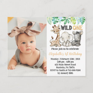 Wild One Safari Animals Birthday Photo Invitation Briefkaart