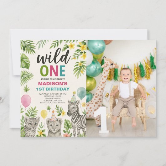 Wild One Safari Animals Birthday Photo Invitation Kaart (Voorkant)