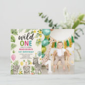 Wild One Safari Animals Birthday Photo Invitation Kaart (Staand voorkant)