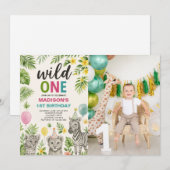 Wild One Safari Animals Birthday Photo Invitation Kaart (Voorkant / Achterkant)