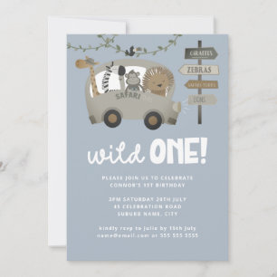 Wild One Safari Animals Blue Boy 1st Birthday  Kaart