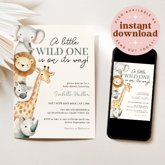 Wild One Safari Animals Boy Baby shower Invitation Kaart