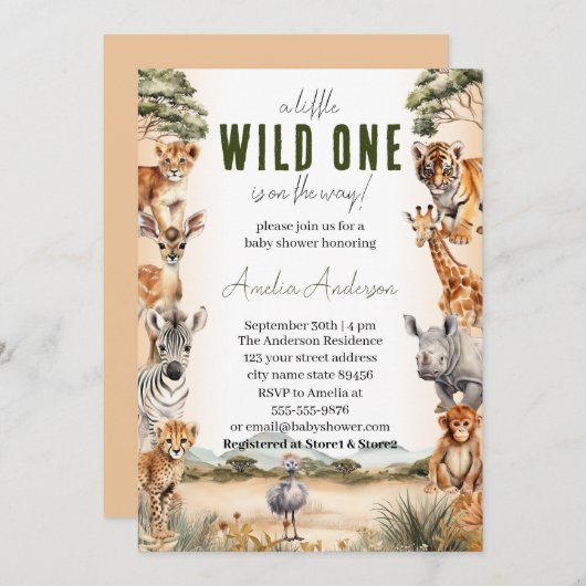 Wild One Safari Animals Boy Baby shower Kaart (Voorkant / Achterkant)