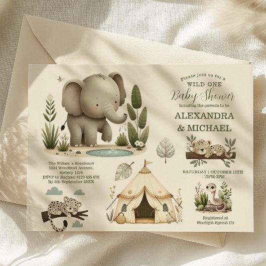 Wild One Safari Animals Boy Baby shower Kaart