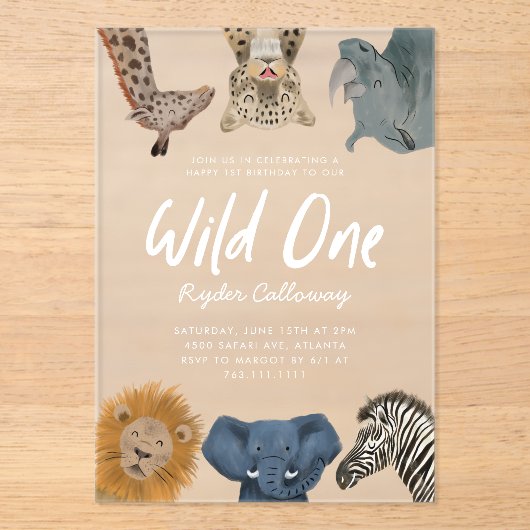 Wild One Safari Animals Boy Birthday Party Acryl Uitnodigingen (Voorkant)