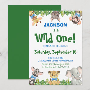 Wild One Safari Animals Boy First Birthday Invita Kaart