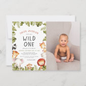 Wild One Safari Animals Boy Foto Birthday Party Kaart (Voorkant)