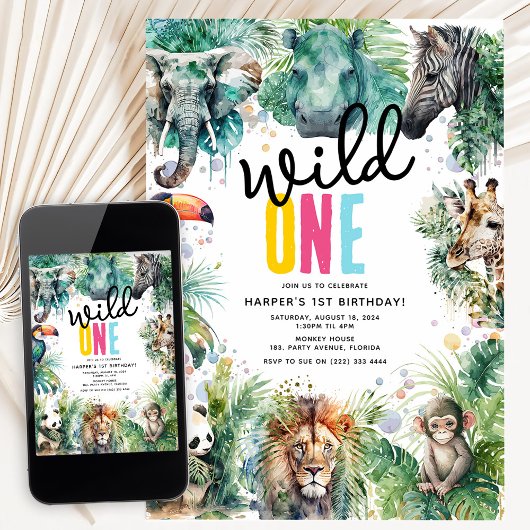 Wild ONE' Safari Animals Cool 1st Birthday Kaart