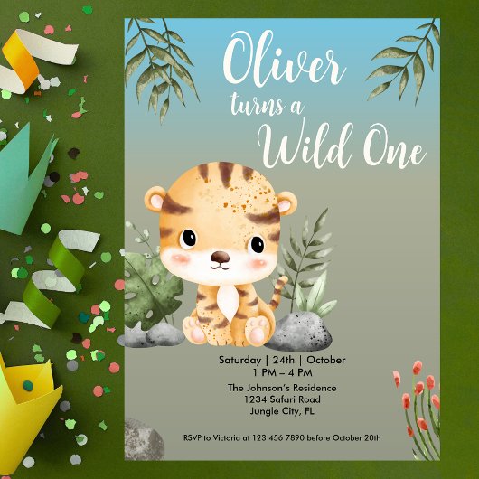 Wild One Safari Animals Cute Tiger 1st Birthday Kaart