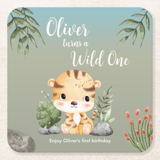 Wild One Safari Animals Cute Tiger 1st Birthday Kartonnen Onderzetters (Voorkant)