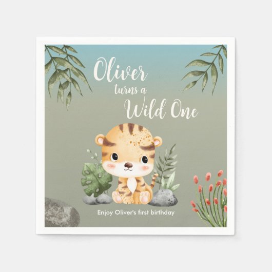 Wild One Safari Animals Cute Tiger 1st Birthday Servet (Voorkant)