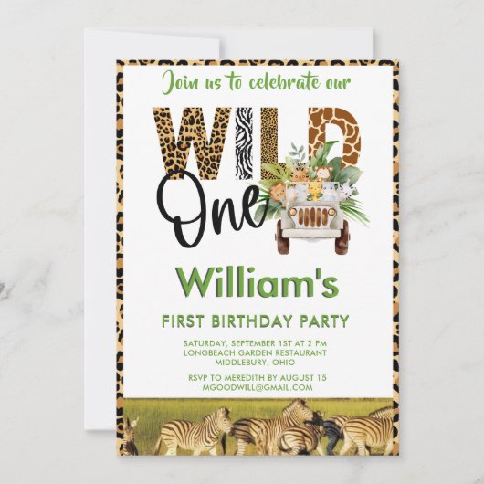 Wild One Safari Animals First Birthday Boy Kaart (Voorkant)