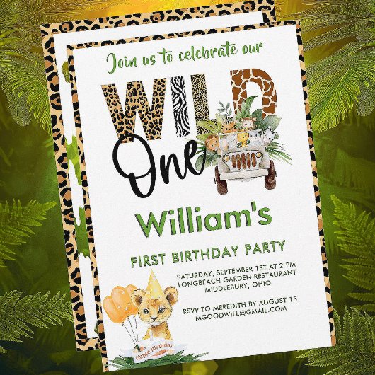 Wild One Safari Animals First Birthday Boy Kaart