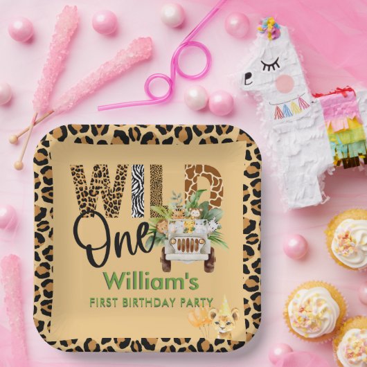 Wild One Safari Animals First Birthday Boy Papieren Bordje (Feest)