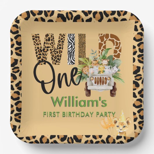 Wild One Safari Animals First Birthday Boy Papieren Bordje (Voorkant)
