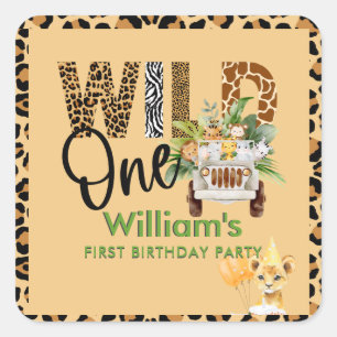 Wild One Safari Animals First Birthday Boy Vierkante Sticker