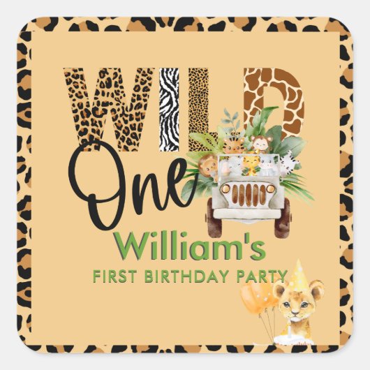 Wild One Safari Animals First Birthday Boy Vierkante Sticker (Voorkant)