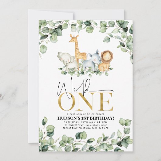 Wild One Safari Animals First Birthday Invitation Kaart (Voorkant)