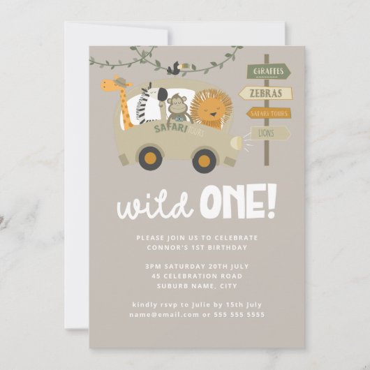 Wild One Safari Animals First Birthday Invitation Kaart (Voorkant)