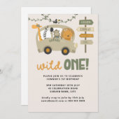 Wild One Safari Animals First Birthday Invitation Kaart (Voorkant / Achterkant)