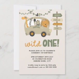 Wild One Safari Animals First Birthday Invitation Kaart