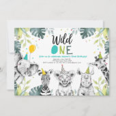 Wild One Safari Animals First Birthday Invitation Kaart (Voorkant)