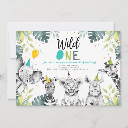 Wild One Safari Animals First Birthday Invitation Kaart (Voorkant)