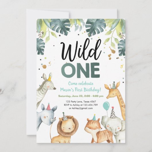 Wild One Safari Animals First Birthday Invitation Kaart (Voorkant)
