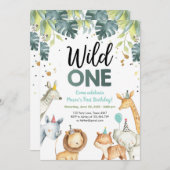 Wild One Safari Animals First Birthday Invitation Kaart (Voorkant / Achterkant)