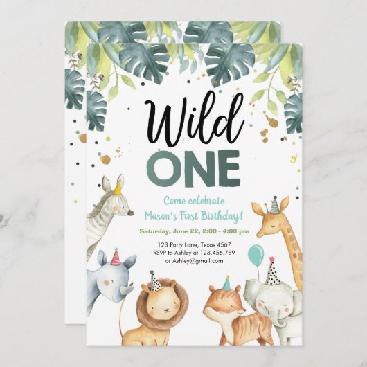 Wild One Safari Animals First Birthday Invitation Kaart (Voorkant / Achterkant)