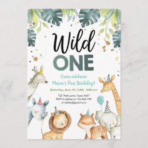 Wild One Safari Animals First Birthday Invitation Kaart