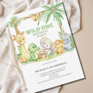 Wild One Safari Animals First Birthday Invitation Kaart
