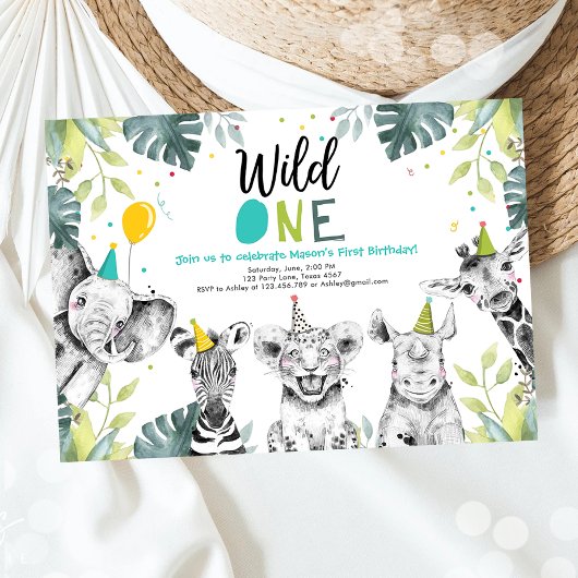 Wild One Safari Animals First Birthday Invitation Kaart