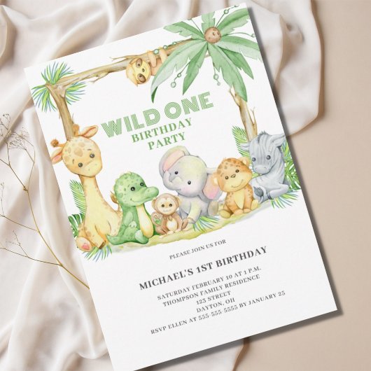 Wild One Safari Animals First Birthday Invitation Kaart