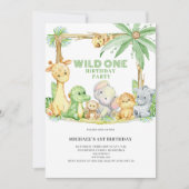 Wild One Safari Animals First Birthday Invitation Kaart (Voorkant)