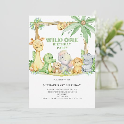Wild One Safari Animals First Birthday Invitation Kaart (Staand voorkant)